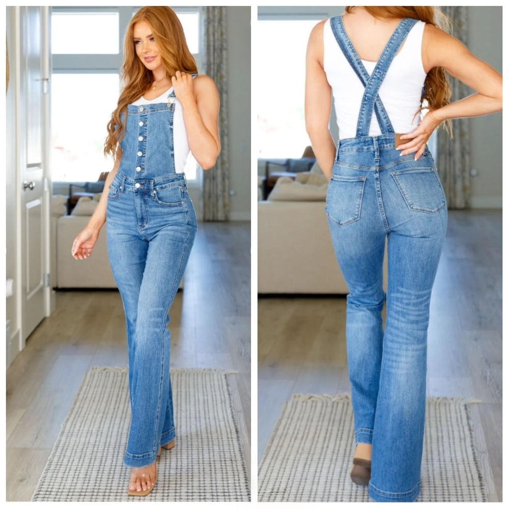 High-Rise Blue Denim Overalls Jeans - Womens